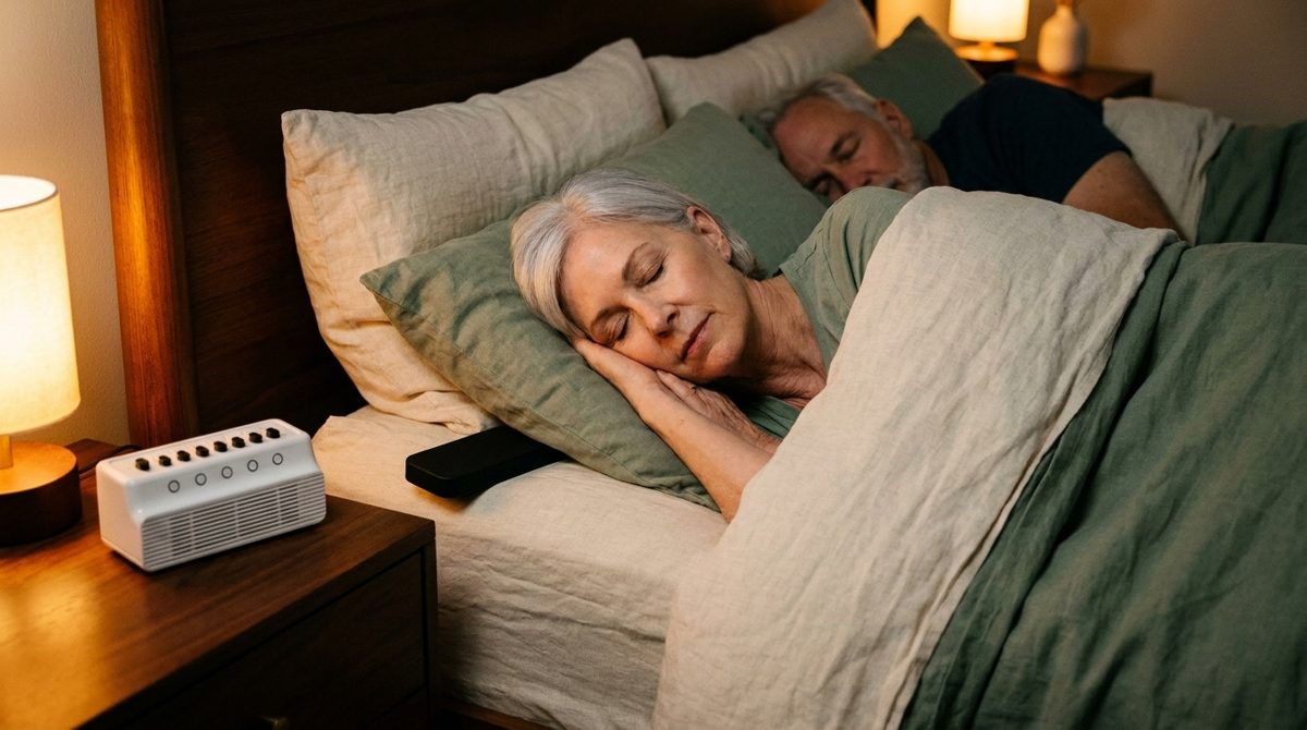 Woman resting in bed next to her sleeping partner, with a white sound machine on the nightstand