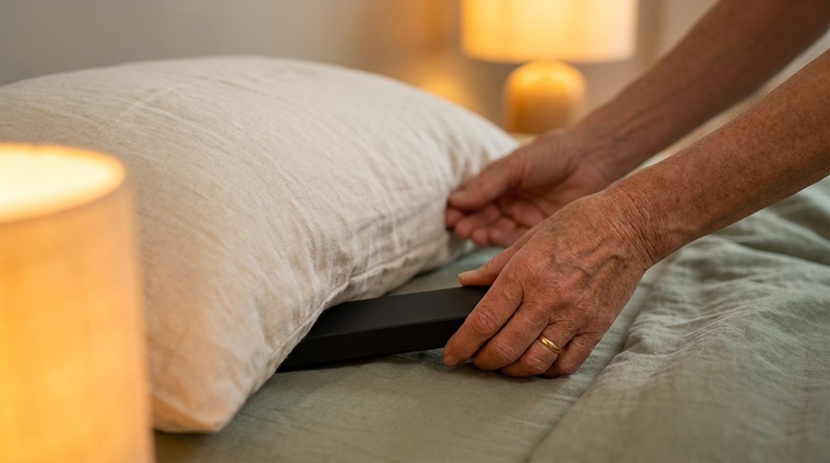 Hands sliding the slim pillow speaker under a pillow