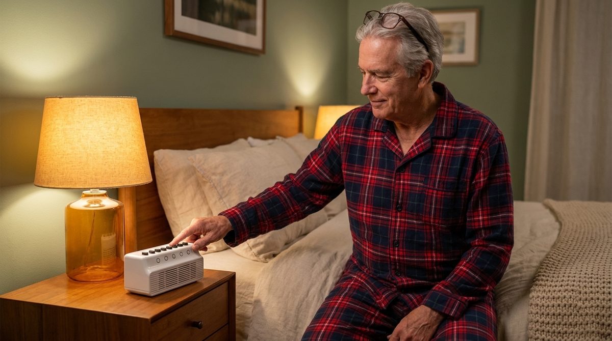 Man choosing a sound on the bedside sound machine