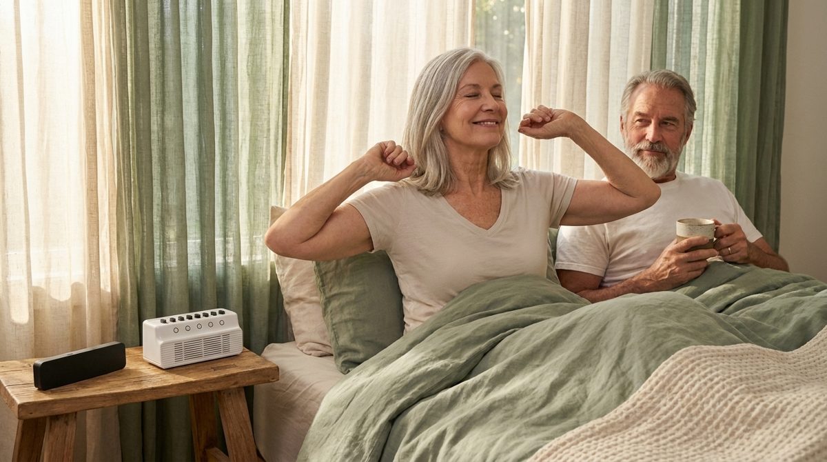 Couple waking up in the morning with the kit on the nightstand